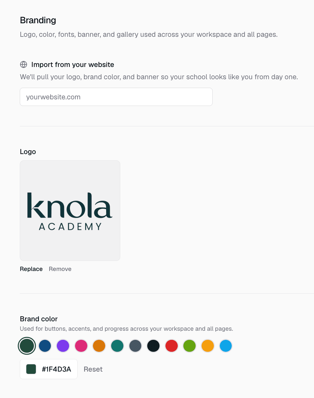 Knola's branding settings: logo, colours and website import