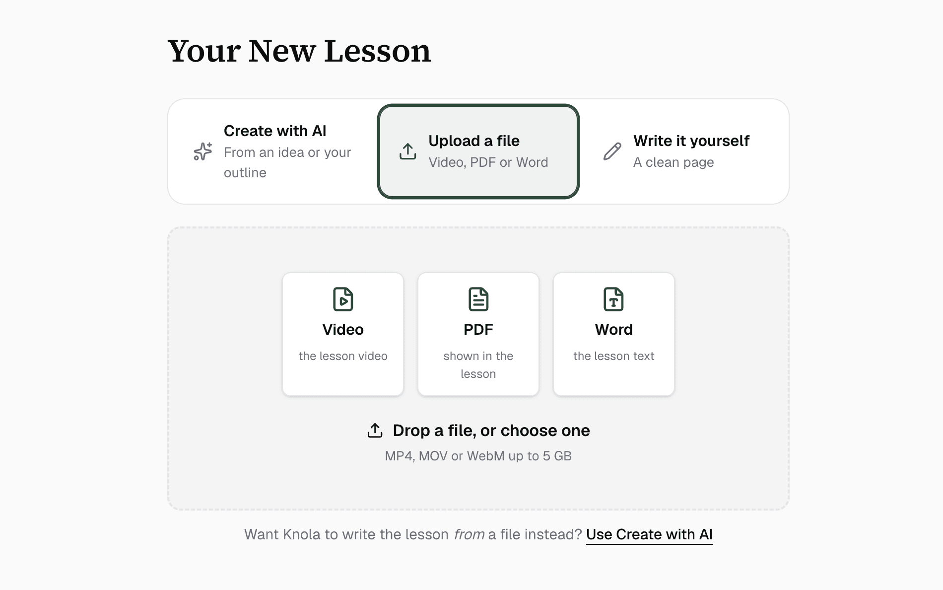 Uploading a video, PDF or Word file to a new lesson in Knola