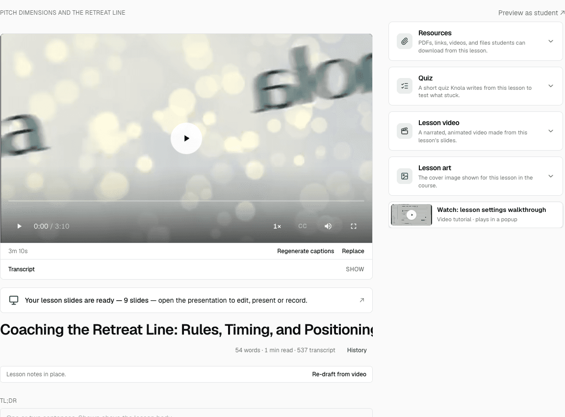 A generated video lesson ready in the Knola lesson editor