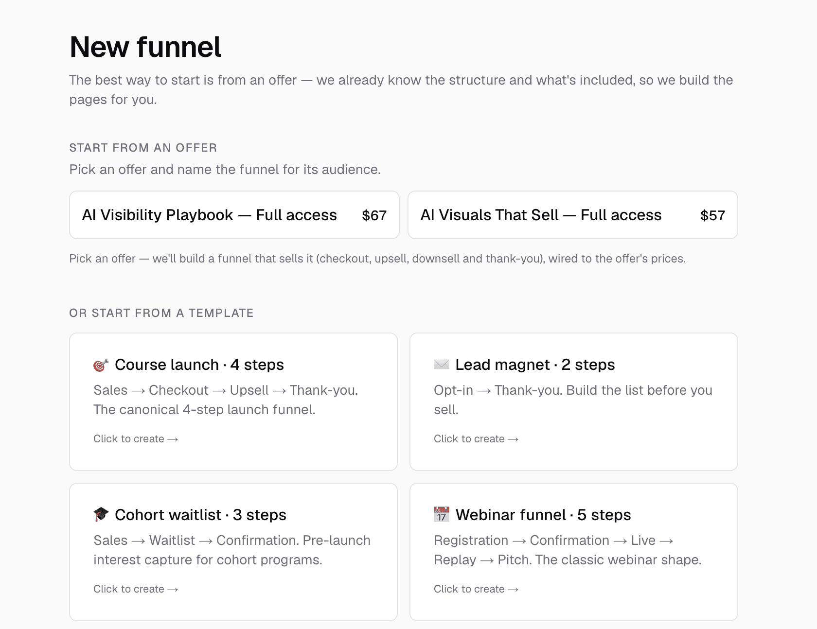 Choosing a funnel template in Knola