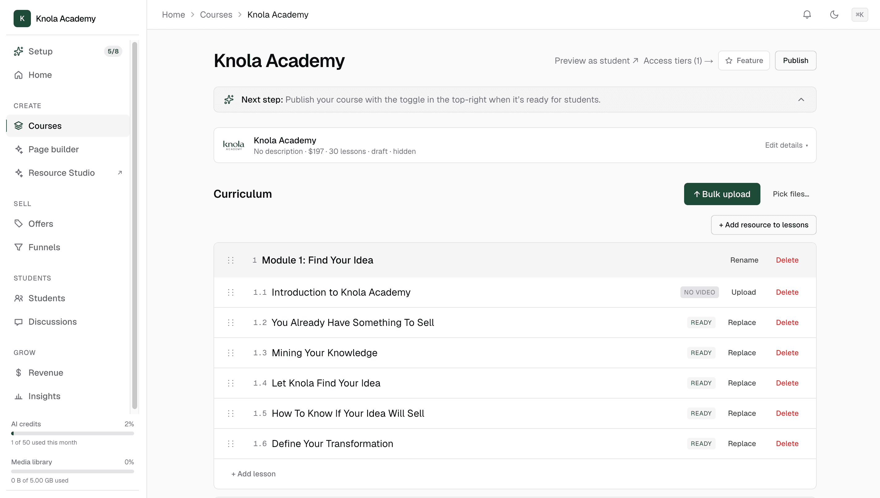 The Knola dashboard
