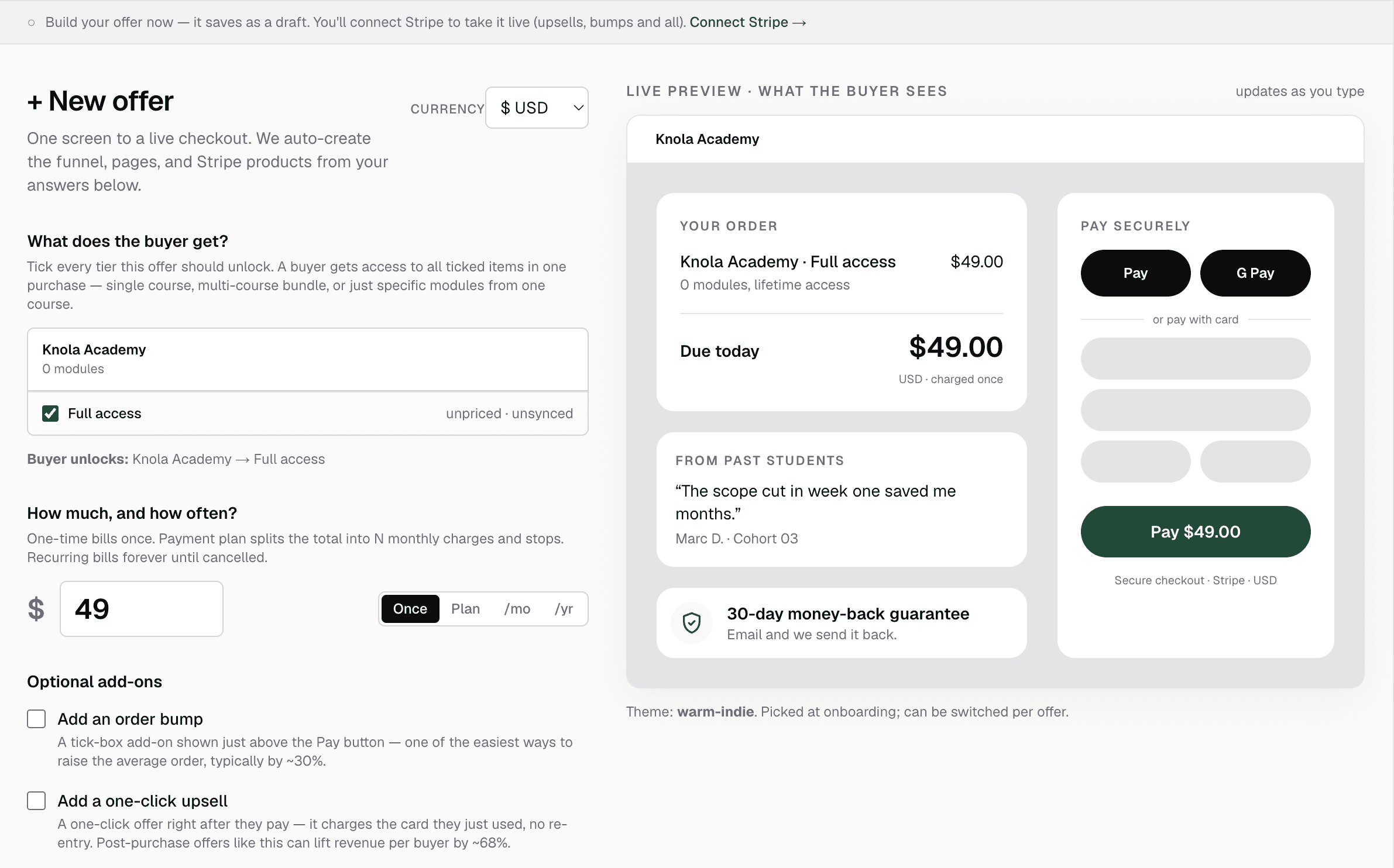 Checkout & offer builder — order bump + upsell