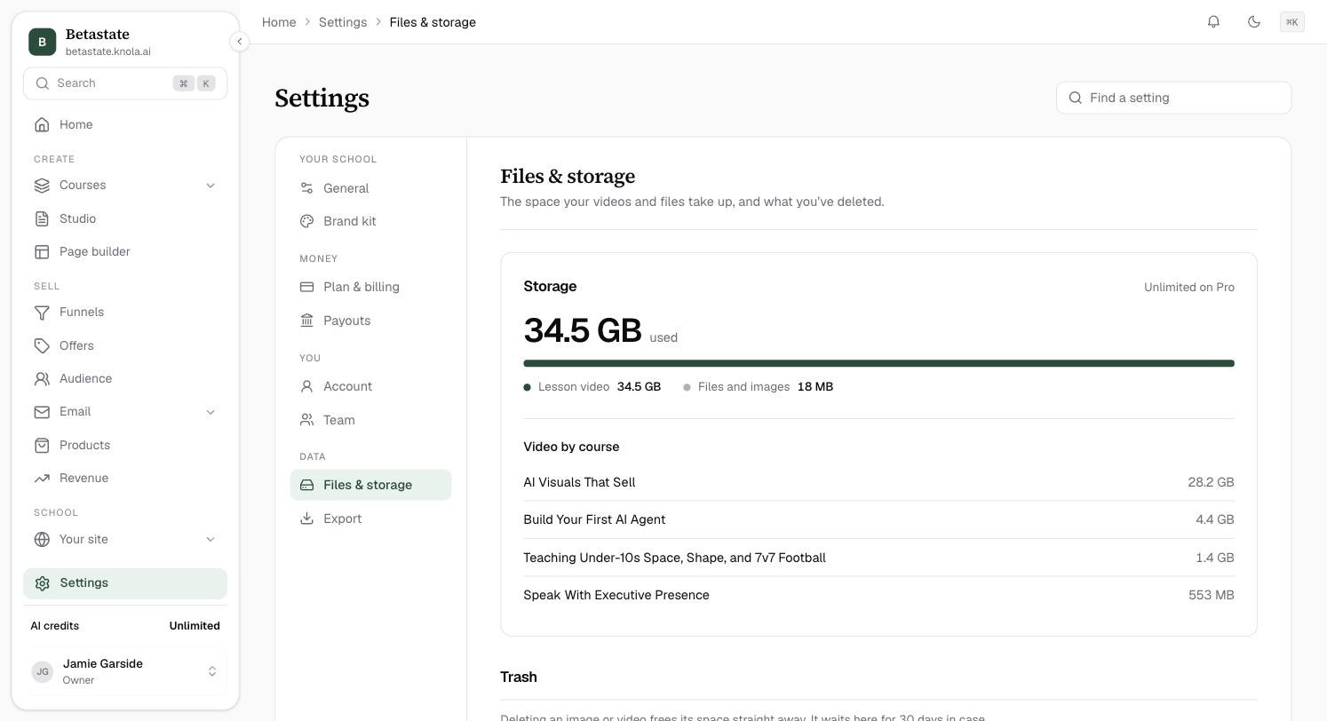 Settings → Files & storage: Storage used with a bar split into Lesson video and Files and images, and Video by course listing each course and its size