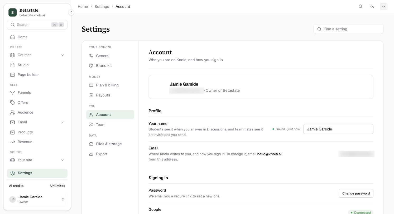 Settings → Account: your name and role at the top, Profile with Your name and Email, and Signing in with Password and Change password