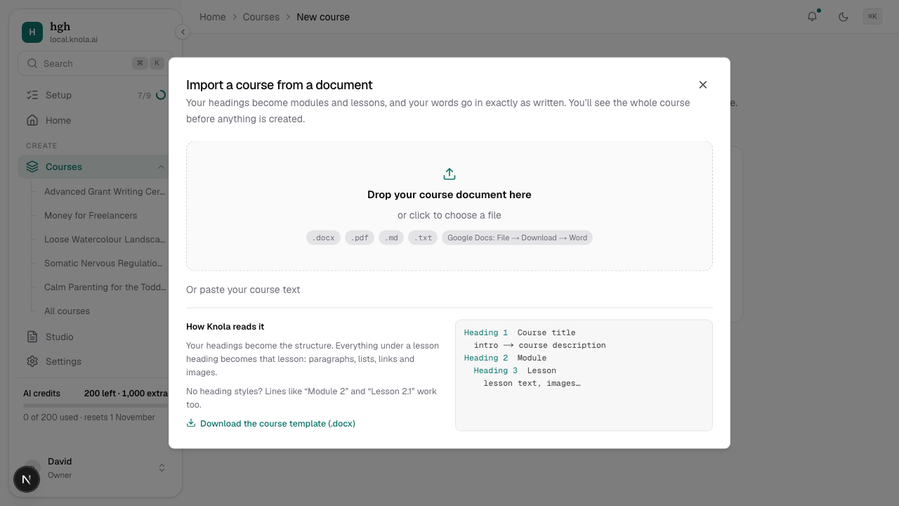 The Import a course from a document window with a drop zone for .docx, .pdf, .md and .txt files and a link to download the course template