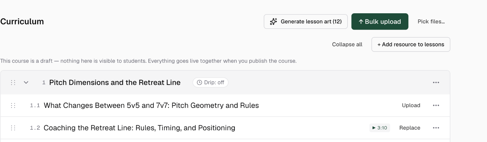 The Curriculum section header with the Generate lesson art button and its count, next to Bulk upload