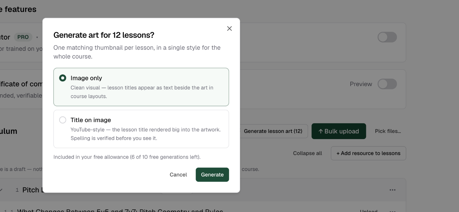 The lesson art dialog with the Image only and Title on image options and the Generate button
