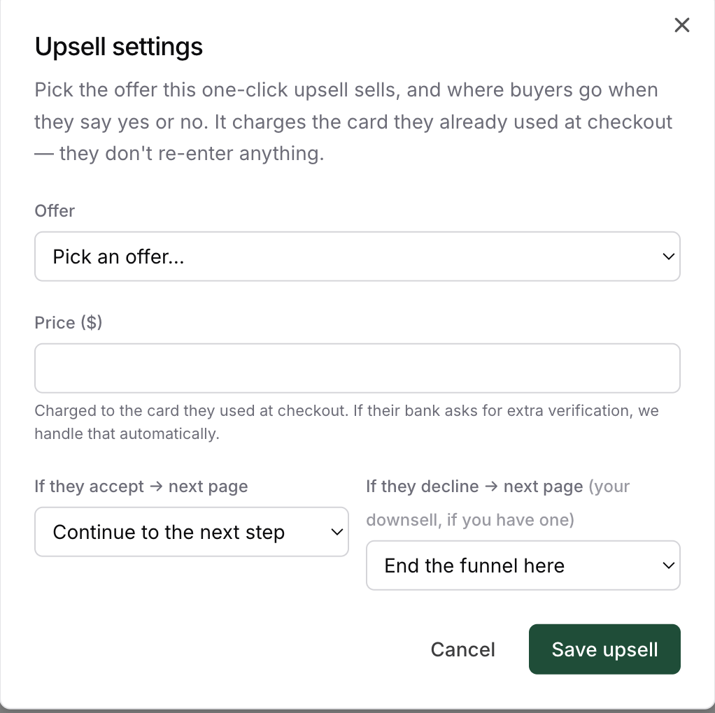 The Upsell settings dialog with offer picker, price field and the accept/decline destination selects