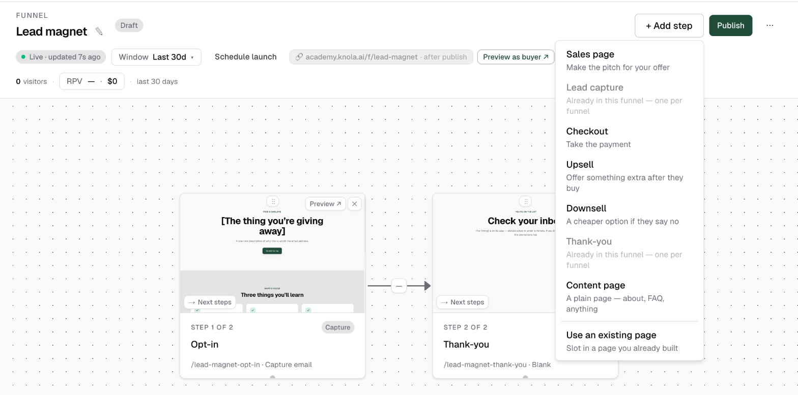 The + Add step menu open on the funnel canvas with the Content page and Use an existing page options