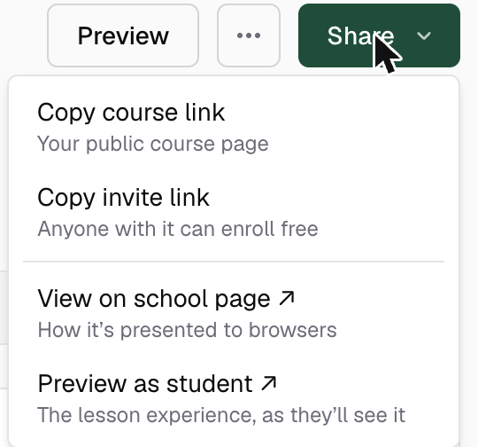 The Share menu open showing Copy course link, Copy invite link, View on school page and Preview as student