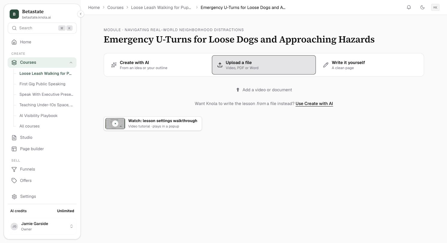 An empty lesson with Upload a file selected among the three ways in, and the box to drop a file underneath