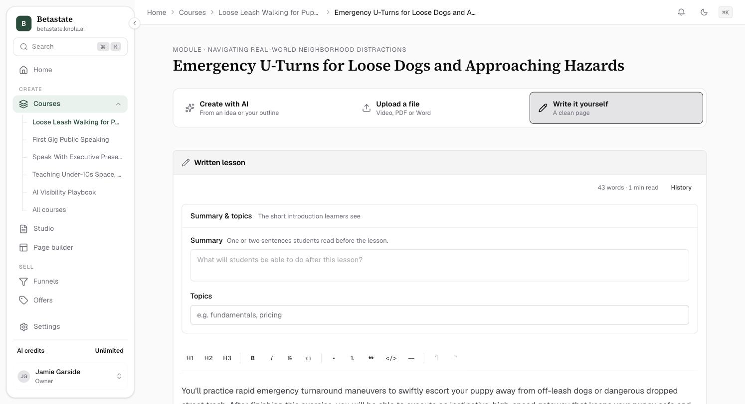The Read section of a lesson page, with Summary & topics at the top: a Summary field and a Topics field, above the formatting toolbar
