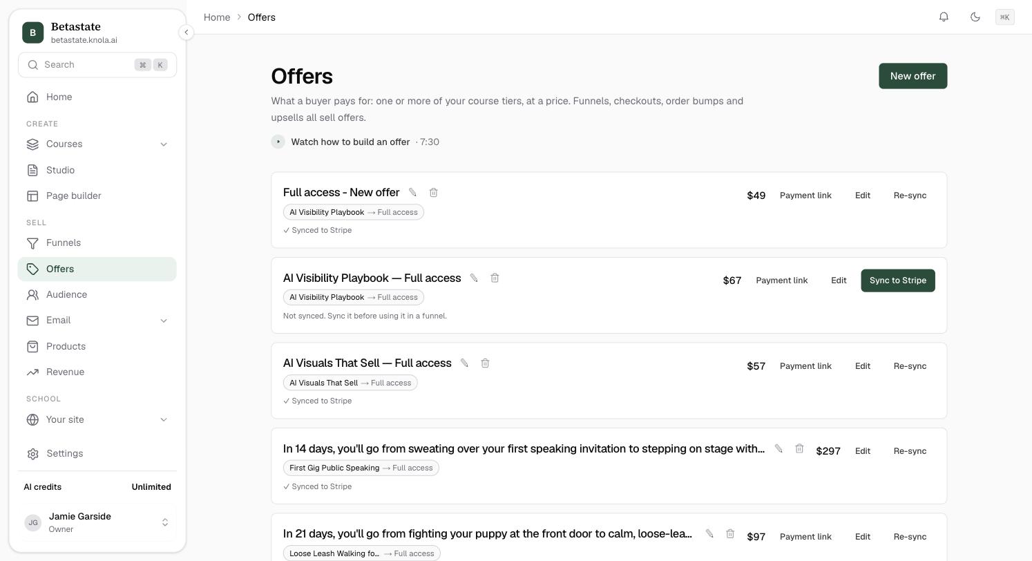 The Offers list: each offer with its course tier, price, Payment link, Edit and Re-sync, and a pencil and bin icon beside its name