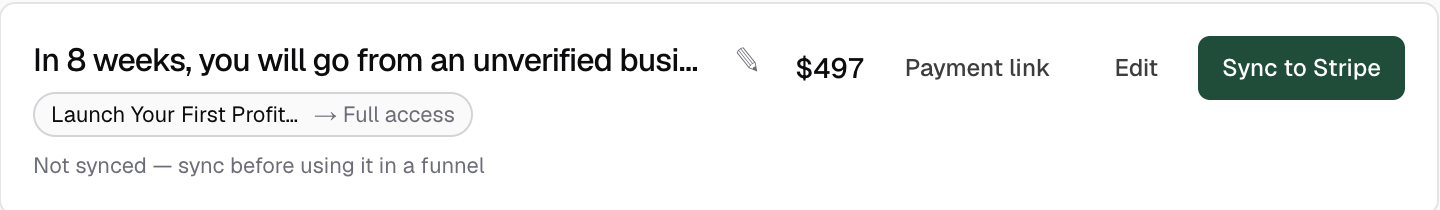 An offer row on the Offers list with the Payment link button next to Edit and the price