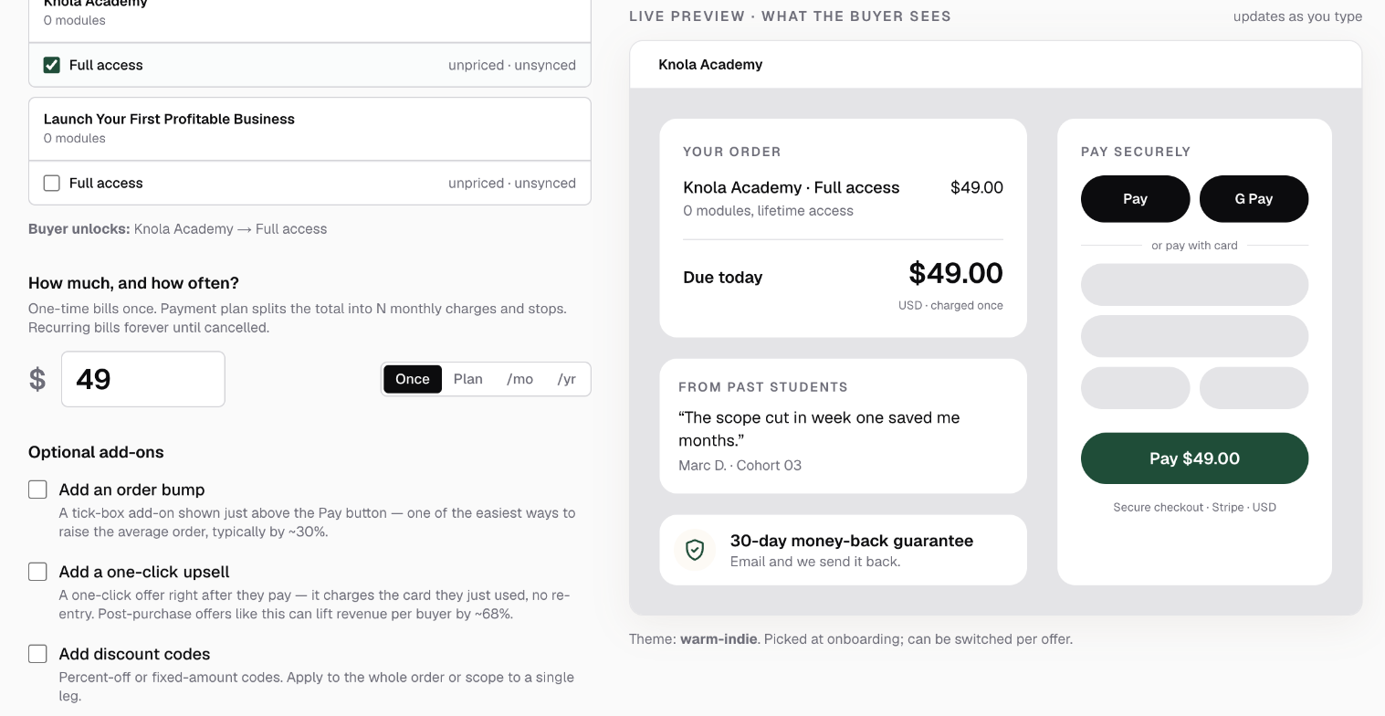 The offer composer's "How much, and how often?" section with the price field and the Once / Plan / /mo / /yr selector, and the live checkout preview beside it