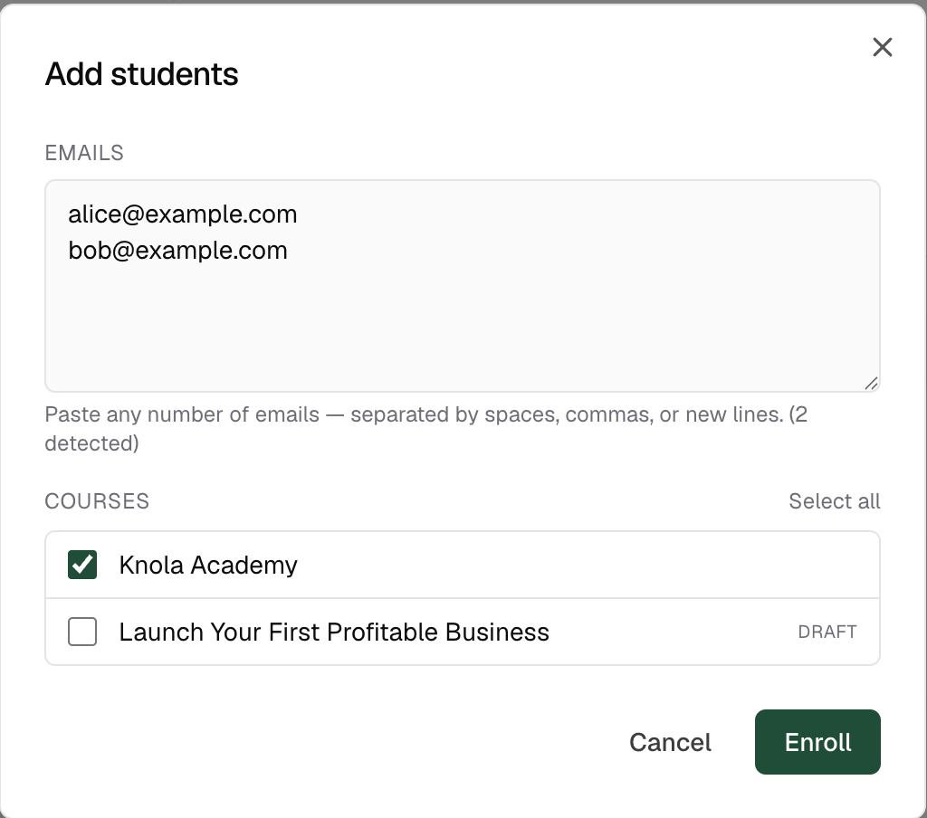 The Add students dialog with several emails pasted into the Emails box and two courses ticked below