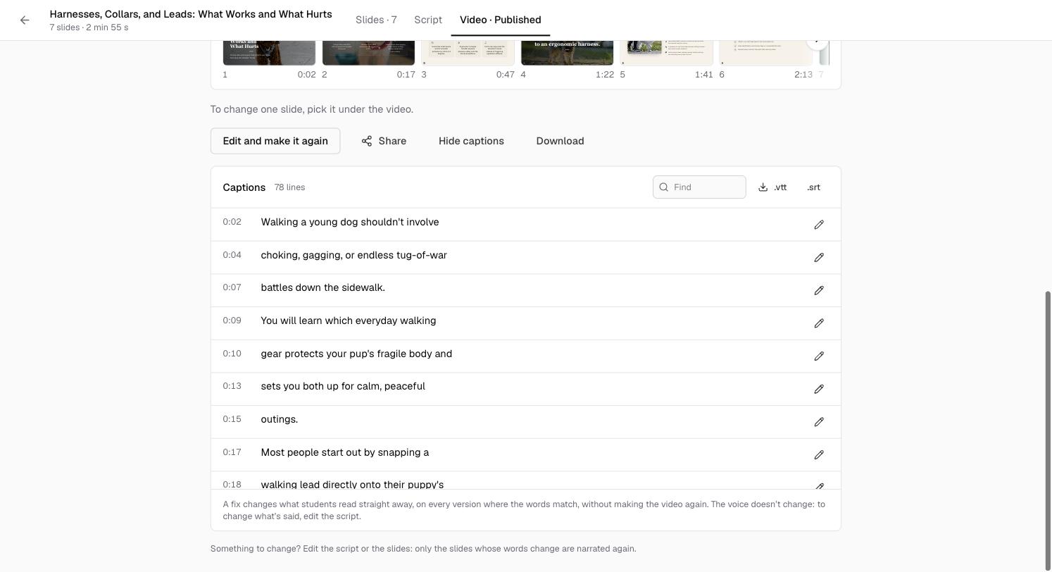 The Captions panel under a video: a list of caption lines with their times, a pencil button on each, a Find box and .vtt and .srt download buttons