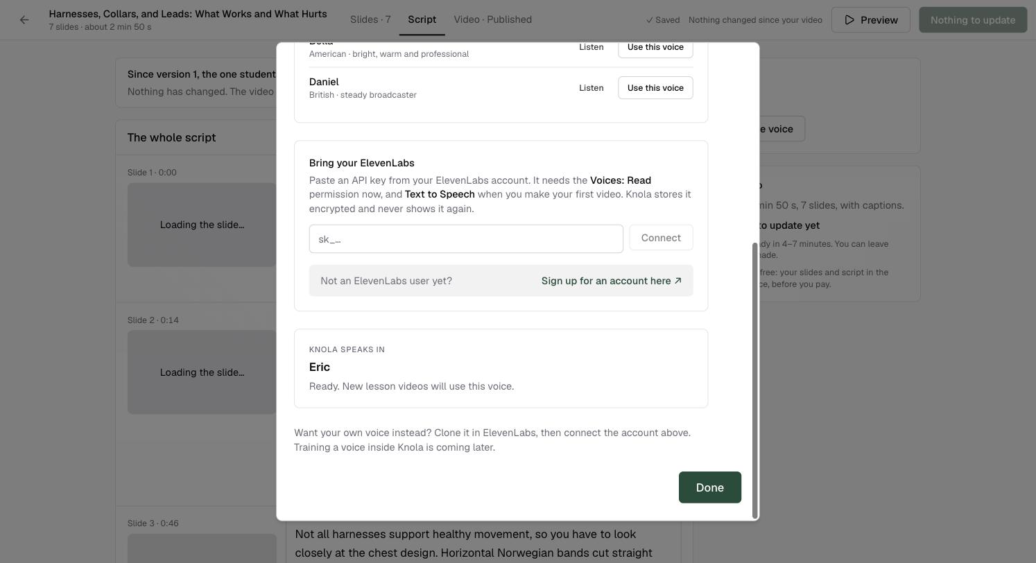 The Bring your ElevenLabs box: a field for the API key with a Connect button, the permissions it needs, and a Sign up for an account here link underneath