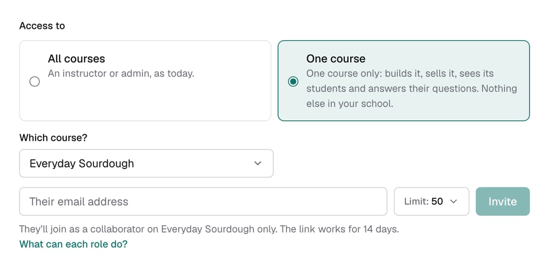 The team invite form with 'One course' chosen and a course picked