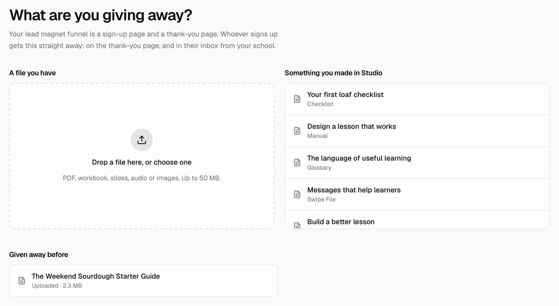 The lead magnet setup asking What are you giving away?, with a file drop zone, a list of Studio documents to choose from and a file given away before