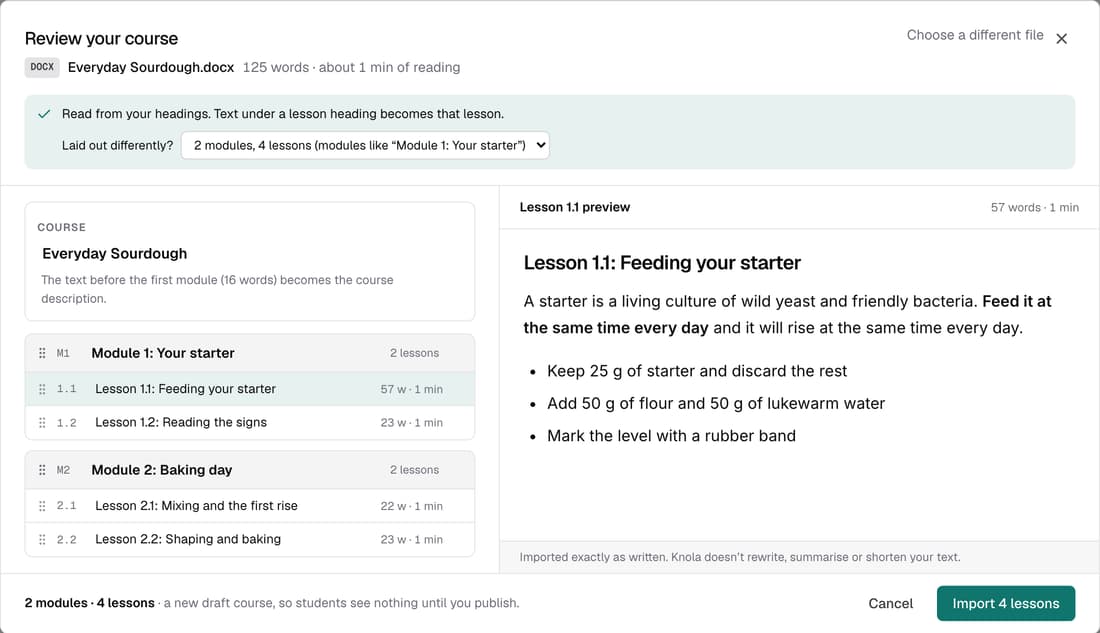 The Review your course screen: a Word file read as 2 modules and 4 lessons, with a preview of the first lesson