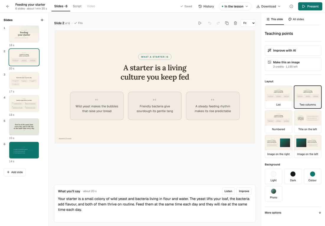 The slide editor: slide list on the left, a slide in the middle with what you'll say below, and Improve with AI, layouts and backgrounds on the right