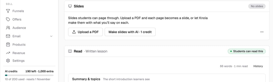 A lesson's Slides section with a 'Make slides with AI · 1 credit' button, beside the sidebar's AI credits balance of 190 left plus 1,000 extra
