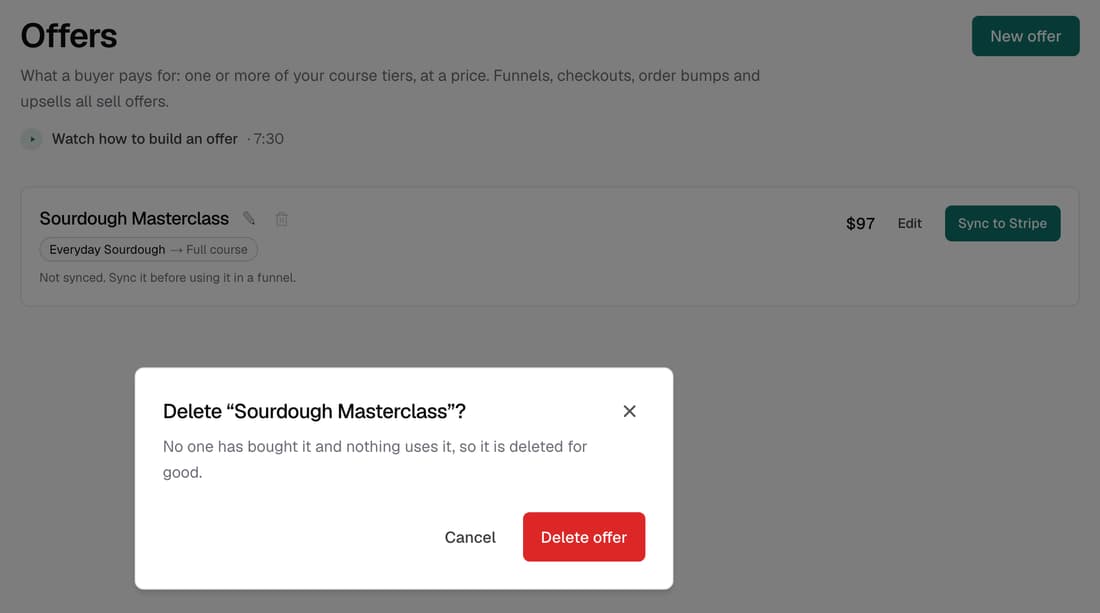 The Offers list with an offer's bin icon pressed and a dialog asking to delete the offer, since no one has bought it
