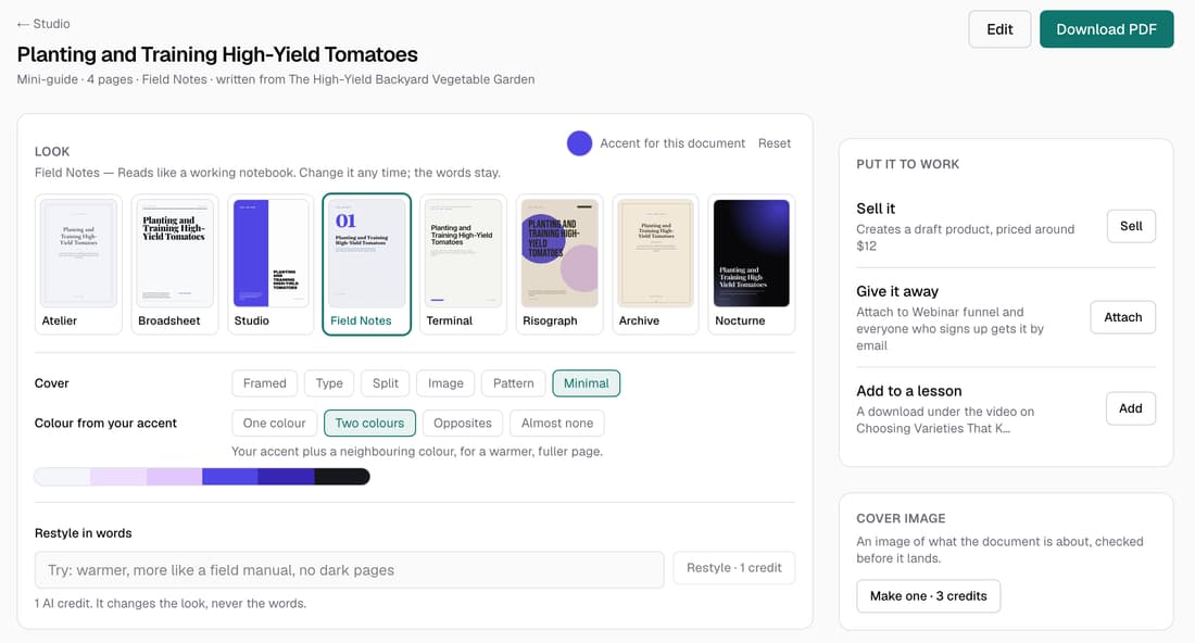 A Studio mini-guide with its look picker on the left and Put it to work on the right: Sell it, Give it away and Add to a lesson