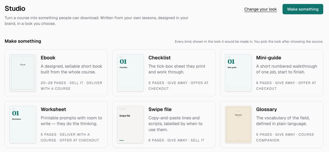 The Studio page's Make something grid: Ebook, Checklist, Mini-guide, Worksheet, Swipe file and Glossary, each with a cover preview, page count and uses